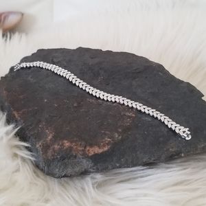 Silver Tone Marked B Textured Leaf Pattern Elegant Bracelet With Safety Clasp